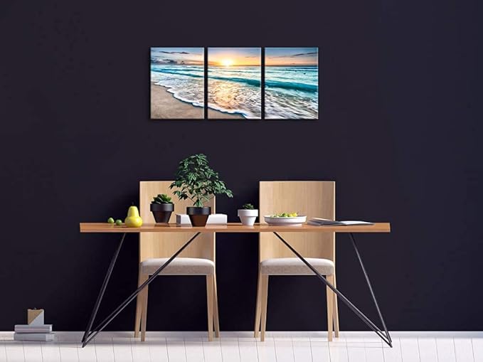 Wieco Art 3 Panel Blue Beach Canvas Wall Art