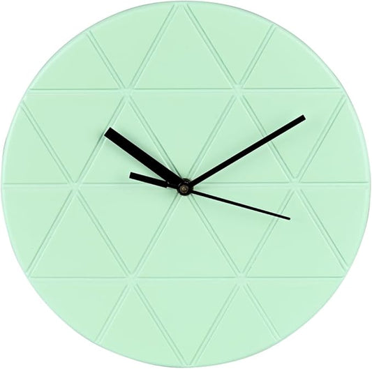 Mint Green Wooden Wall Clock 24cm Round Geometric Triangle Pattern MDF