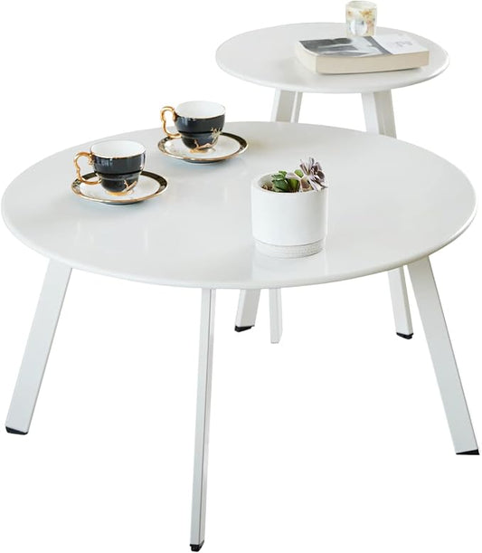 Meluvici Outdoor Patio Coffee Table Set of 2, Weather Resistant End Table, Round Nesting Tables for Living Room Balcony Office, White