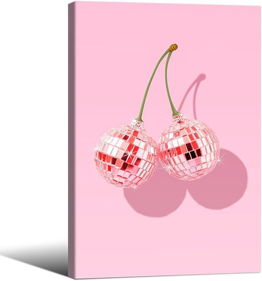 Funky Pink Cherry Poster Retro Disco Ball Canvas Wall Art 24X36 inch Framed