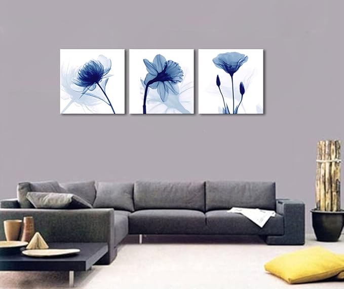 Wieco Art Blue Flowers 3 Panels Canvas Print Wall Art Modern Pictures Artwork