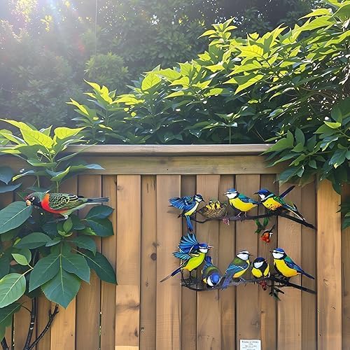 Meduofon Metal Bird Wall Decor, Vivid Feed the Bird Metal Wall Art Lovely Hummingbird Outdoor Decor Suitable for Porch Fence Garden Patio Outdoor Indoor Wall Decorations (2 Pack Multiple Birds Blue)