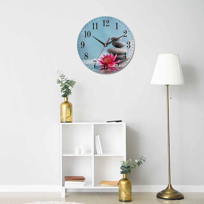 Mxocom Meditation Wall Clock Water Lily and Zen Stone Natural Still Relax 10