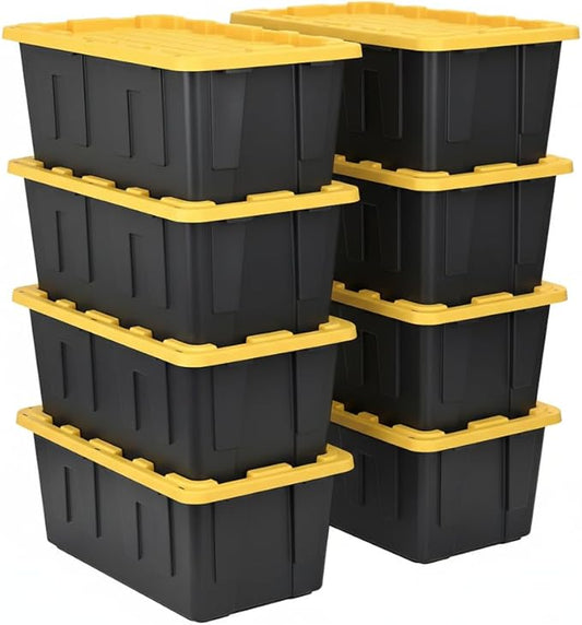 27 Gallon Heavy Duty Storage Container with Lid, Plastic, Durable and reusable, used indoor and outdoor, 20.6" D x 30.6" W x 14.3" H, 4 Pack Or 8 Pack ! (Yellow and Black, 8 Pack)
