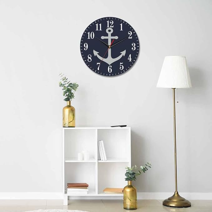 Mxocom Anchor Wall Clock Boat Anchor Marine Navigation Blue 10 Inch Silent Non