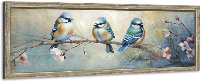 Colorful BlueBird Wooden Wall Art: Rustic Bird Framed Painting Vintage Sparrow Picture Cute Chickadee on Flower Branch Prints Countryside Artwork Decor for Living Room Bedroom Farmhouse