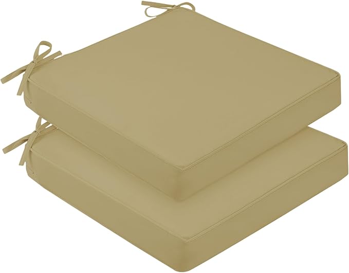 downluxe Waterproof Outdoor Chair Cushions Set of 2, 19" x 19" x 3" Patio Chair Cushion with Non-Slip Ties & Handle, Square Outdoor Cushion for Patio Furniture with Removable Cover, Khaki