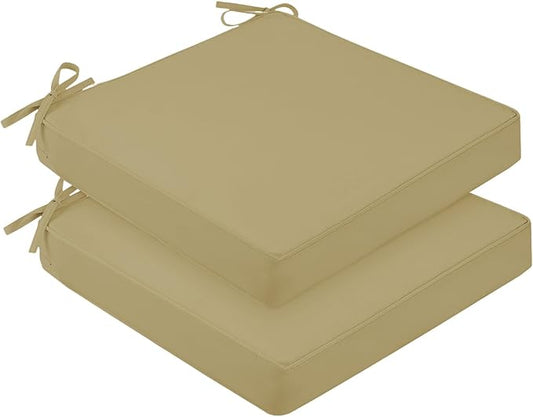 downluxe Waterproof Outdoor Chair Cushions Set of 2, 19" x 19" x 3" Patio Chair Cushion with Non-Slip Ties & Handle, Square Outdoor Cushion for Patio Furniture with Removable Cover, Khaki