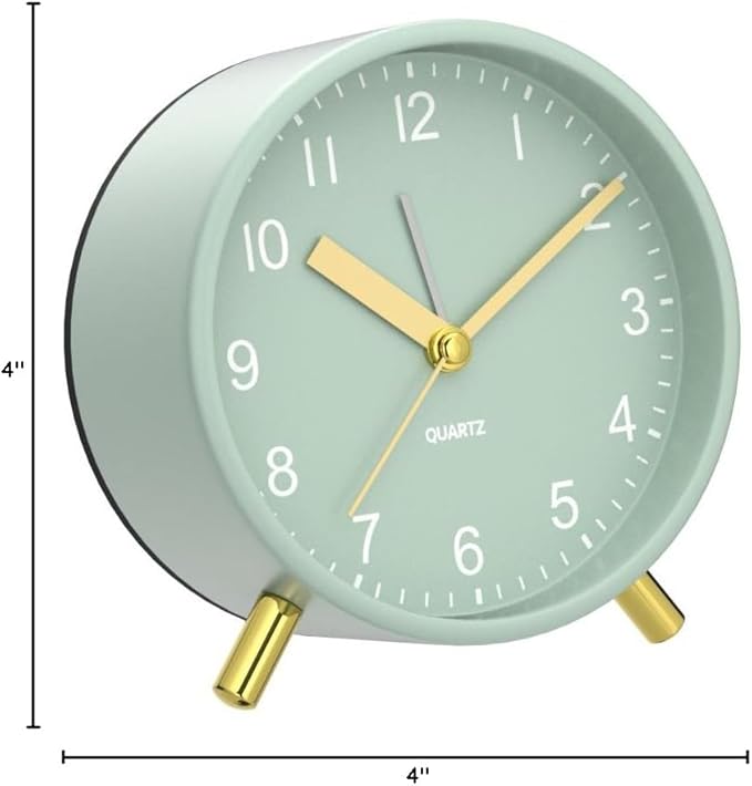 Analog Alarm Clock, 4 inch Super Silent Non Ticking Small Clock with Night Light, Battery Operated, Simple Design, easy setting for Office, Bedroom, Bedside, Desk, teens, elders, kids, adult, Green