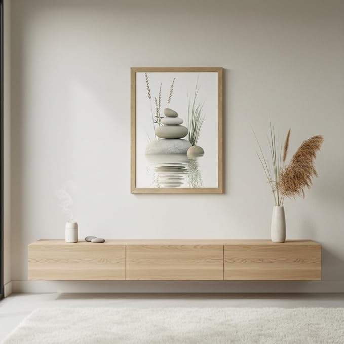 Wooden Frame Zen Stone Canvas Wall Art, Stacked Stones in Water Poster Print.