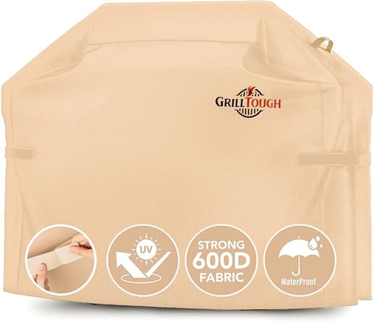 GrillTough Heavy Duty BBQ Grill Cover for Outdoor Grill, 72 Inch – Waterproof, Weather Resistant, UV & Fade Resistant with Adjustable Straps – Gas Grill Cover for Weber, Genesis, Charbroil, etc. Tan