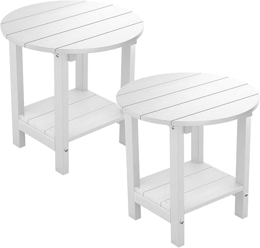 MXIMU Round Outdoor Side Table Adirondack Tables 18 Inch Chairside End Tables with Storage Shelf, 2-Tier Plastic Patio Side Table, Weather Resistant for Balcony Backyard Lawn (White, 2 Pack)