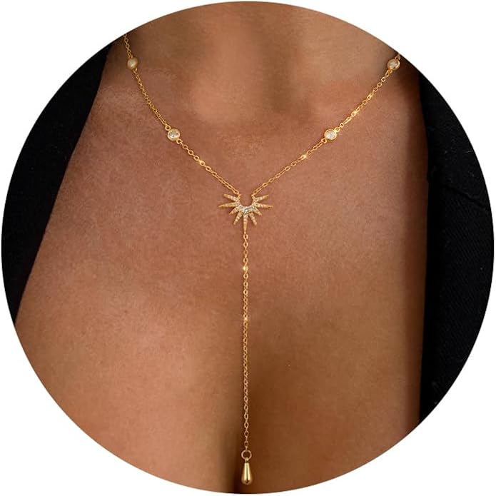 Lariat Long Necklace for Women Trendy Layered Y Necklace Dainty Pendant Drop Dangle Necklace Y-Shaped Necklace Simple CZ Necklace for Women Jewelry