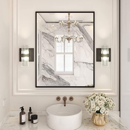 LOAAO 28"X36" Black Rectangle Bathroom Mirror Wall, Matte Black Aluminum Alloy