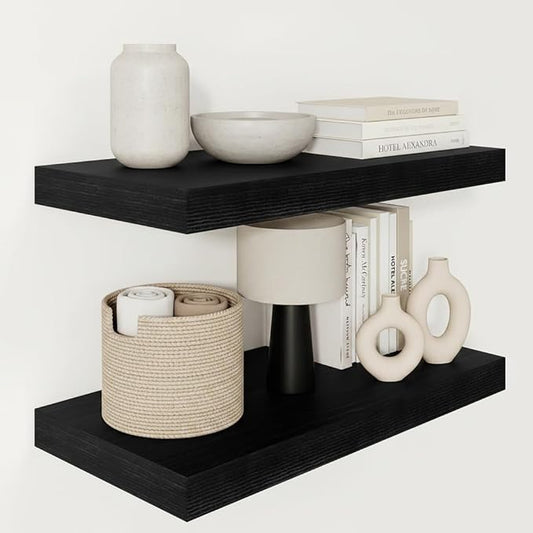 Black Floating Shelves for Wall 24 Inches Long, Heavy Duty Shelf for Bedroom