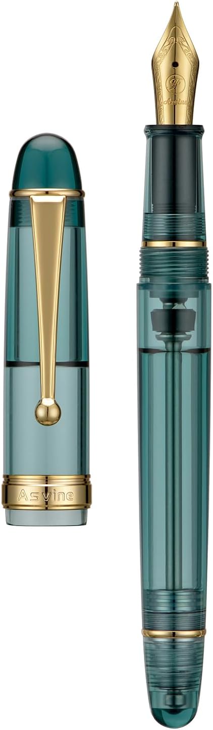 Asvine V126 Vacuum Filling Fountain Pen Extra Fine Nib, Transparent Teal Acrylic, Large-Capacity with Gift Case