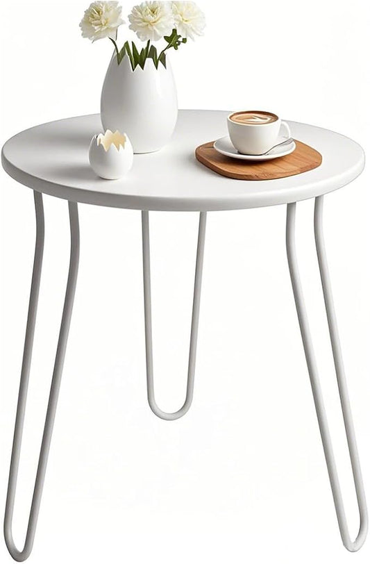 Small Patio Side Table, Weather Resistant Anti-Rust Outdoor Metal Patio Round End Table, Outdoor End Table for Garden, Porch, Balcony, Yard, (White)