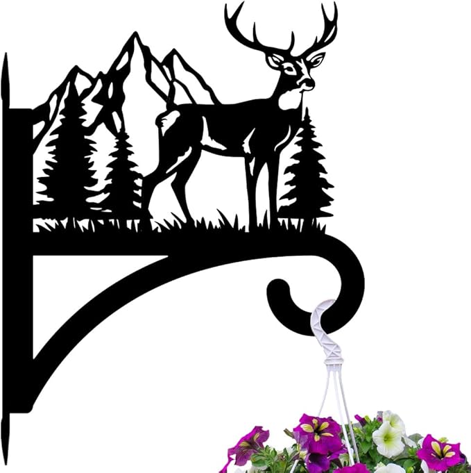 peacoblue Iron Plant Hanger Hook for Outdoor Indoor Hanging Plant Flower Fern Pots Lantern Bird Feeder,12"x15.4" Weather Resistant Metal Wall Holder for Porch Garden Farmhouse(Deer and Forest)