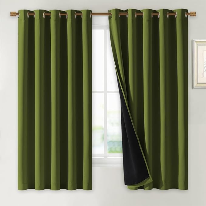 NICETOWN 100% Blackout Lined Curtains, Olive Green, 1 Pair, 2 Thick Layers