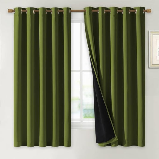 NICETOWN 100% Blackout Lined Curtains, Olive Green, 1 Pair, 2 Thick Layers