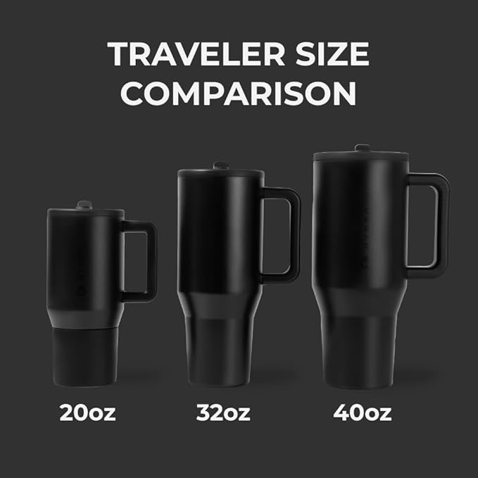 HydroJug Traveler - 32 oz Water Bottle with Handle & Flip Straw - Fits in Cup Holder, Leak Resistant Tumbler-Reusable Insulated Stainless Steel & Rubber Base - Gifts for Women & Men, Black