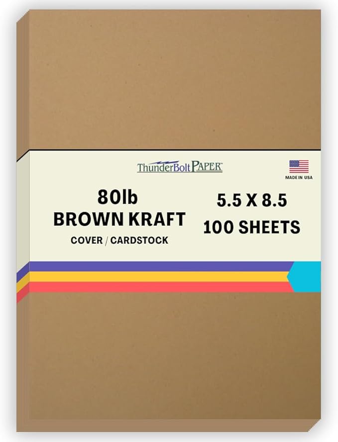 100 Brown Kraft Fiber 80# Cover Paper Sheets - 5.5" X 8.5" (5.5X8.5 Inches) Half Letter | Statement Size - Rich Earthy Color with Natural Fibers - 80lb/pound Cardstock - Smooth Finish