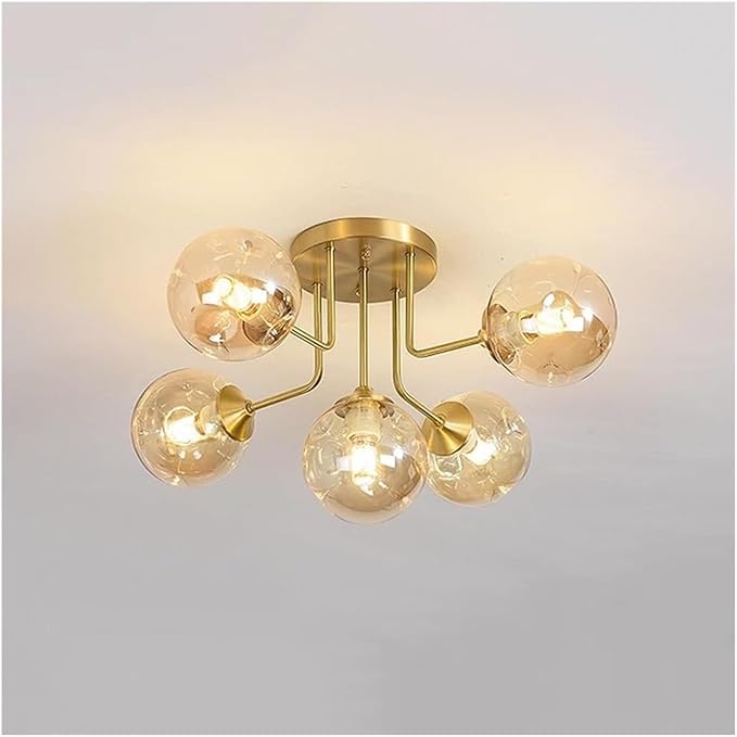 Antique Brass Globe Chandelier 5 Lights Sputnik Ceiling Light with Smoke Grey Amber Glass, Semi Flush Ceiling Fixture. Bubble Ball Kitchen Ceiling Lamp,Soft Light