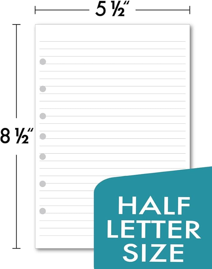 7-Hole Lined Filler Paper Pack of 100 Sheets for Mini Binders, College Ruled, 5-1/2" x 8-1/2", White