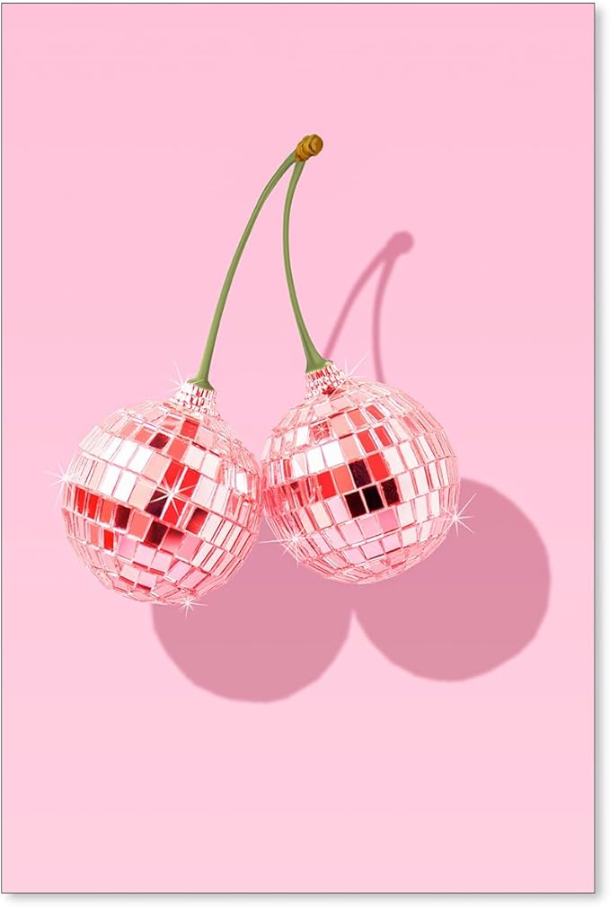 jkahh Funky Pink Cherry Poster Retro Disco Ball Canvas Wall Art Trendy Preppy