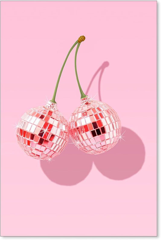 jkahh Funky Pink Cherry Poster Retro Disco Ball Canvas Wall Art Trendy Preppy