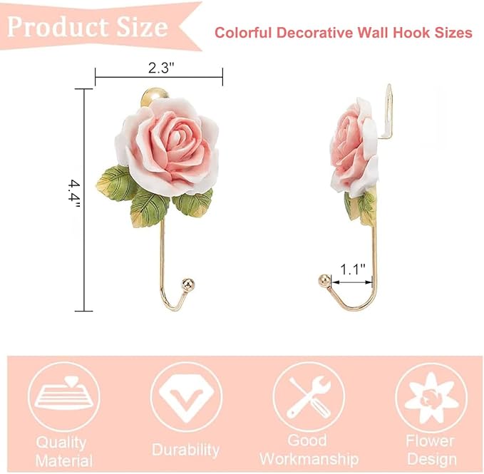 3 Pack Pink Flower Decorative Hooks