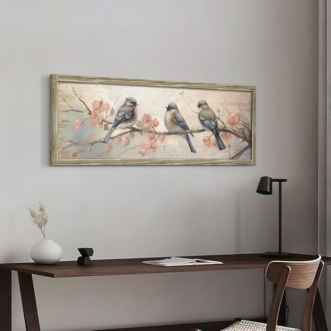 Vintage Bird Framed Wall Art: Rustic Chickadee Wooden Painting Colorful Cute Sparrow Picture Pink Flower Branch Prints Countryside Artwork Decor for Living Room Bedroom Farmhouse