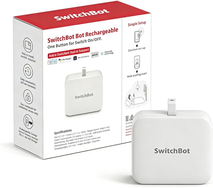 SwitchBot Rechargeable Smart Switch Button Pusher (Bluetooth) â Fingerbot for Rocker/One-Way Buttons, App Timer Control, No Wiring, Optional Hub for Voice/Remote, White