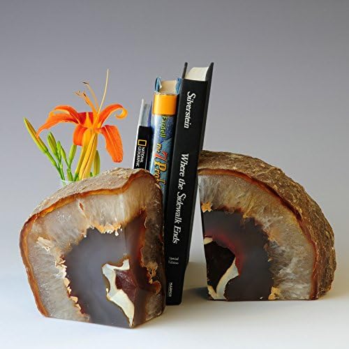 JIC Gem Natural Agate Book Ends Decorative geode bookends for Heavy Books with Rubber Bumpers Crystal Bookends for Shelves and Office Decoration 1 Pair(6 to 8 Lbs)