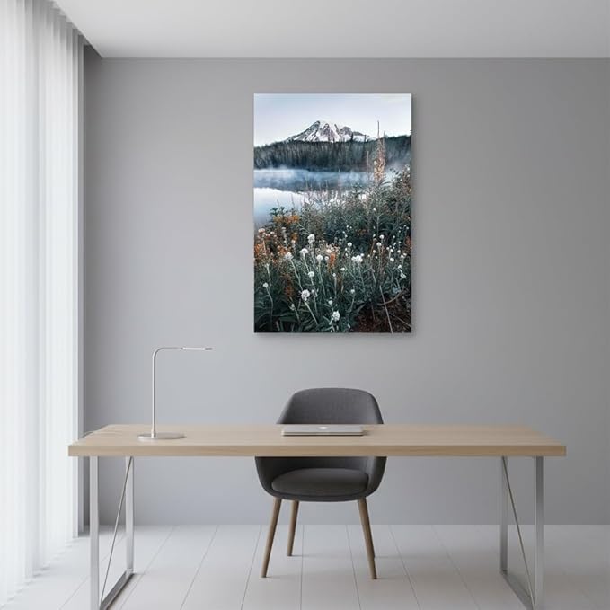 Nature Landscape Canvas Wall Art: Bedroom Home Lake Mountain Scene Picture Decor Modern Foggy Forest Scenic Print Painting Wildflower Natural Artwork for Living Room Office 24 x 36 Inch