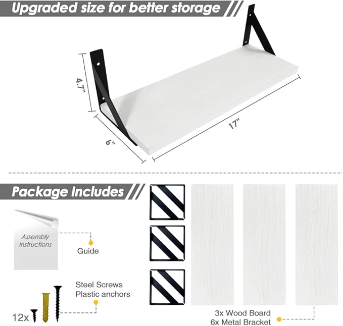 Forbena White Floating Shelves for Wall Decor Set of 3, 17 x 6 Inches Bathroom