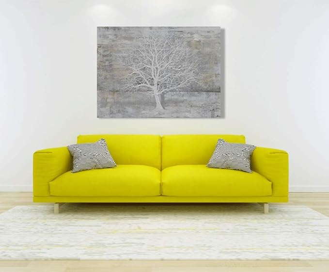 Yihui Arts Tree Of Life Canvas Wall Art Hand Painted Grey White Beige Paintings