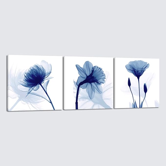 Wieco Art Blue Flowers 3 Panels Canvas Print Wall Art Modern Pictures Artwork