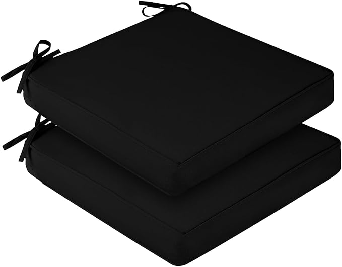 downluxe Waterproof Outdoor Chair Cushions for Patio Furniture, 18" x 18" x 2" Patio Chair Cushion with Adjustable Ties & Portable Handle, Square Outdoor Cushion with Removable Cover, Black, 2 Pack