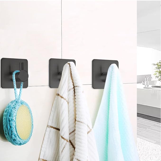 Fotosnow Black Adhesive Towel Hooks Heavy Duty Stick on Wall Hooks Shower Hooks