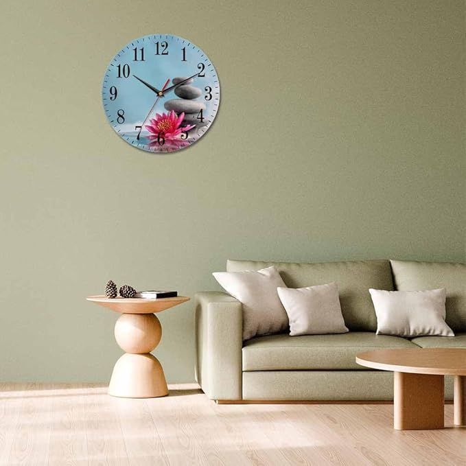 Mxocom Meditation Wall Clock Water Lily and Zen Stone Natural Still Relax 10