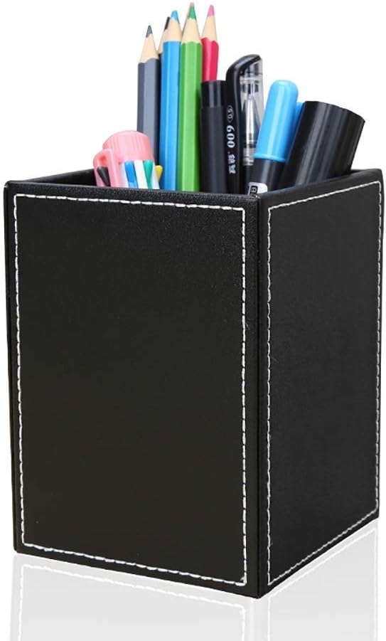 KINGFOM PU Leather Square Pens Pencils Holder Cup Desktop Stationery Organizer Case Office Accessories Container Box (black)