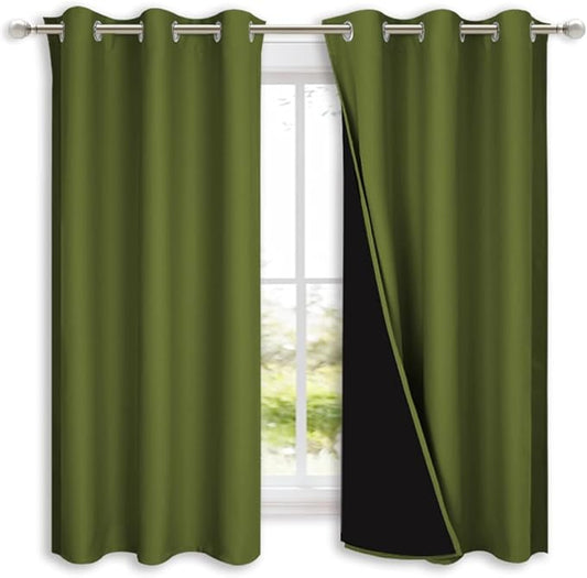 NICETOWN 100% Blackout Curtains 54" Long, Olive Green, 1 Pair, Double-Deck
