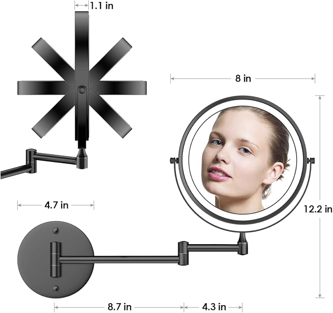 Rocollos Rechargeable Wall Mounted Lighted Makeup Mirror, 8 Inch Double-Sided