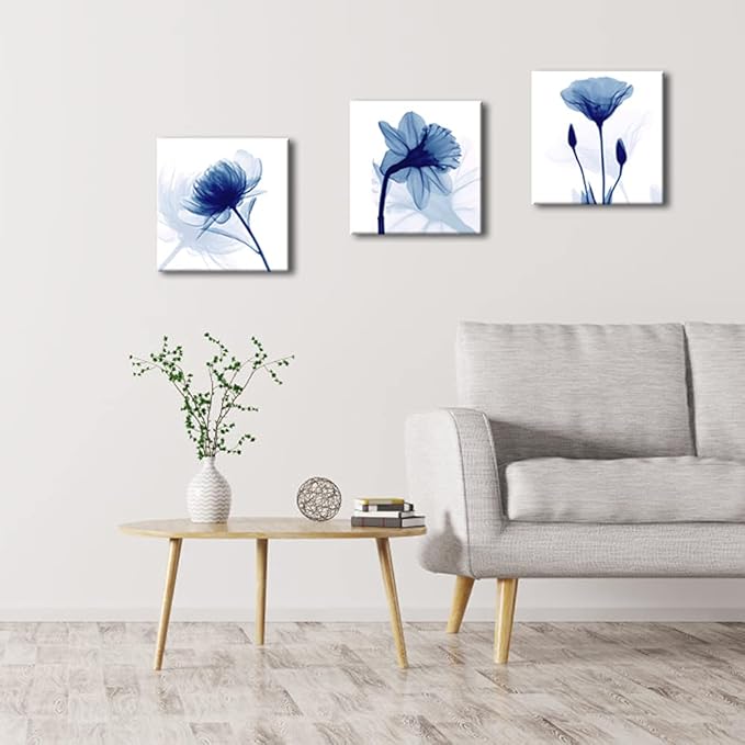 Wieco Art Blue Abstract Flowers 3 Panels Giclee Canvas Prints Wall Art Modern