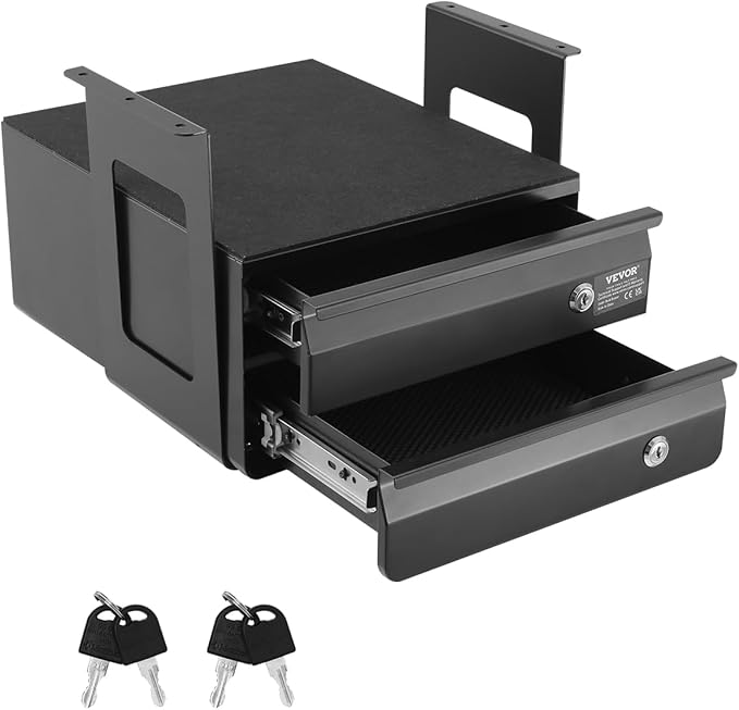 VEVOR Under Desk Double Stacked Lockable Slide Out Drawer, 13 inch Lockable Under Table Pull-out Drawer Attachment for Sit Stand Workstation, Secure Under Desk Storage Organizer, Black