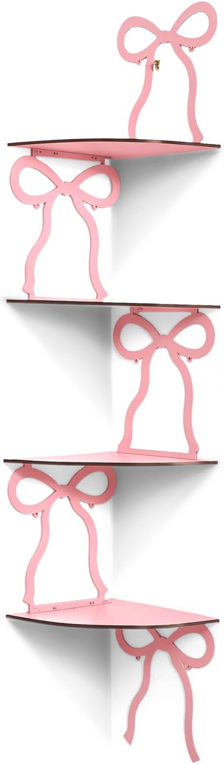 Kathfly 4 Tie Pink Bow Corner Shelf Wall Mounted Pink Floating Wood Corner