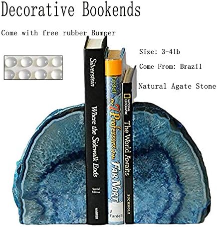 JIC Gem Blue Agate Bookends Geode Book Ends for Shelves Decorative Crystal Bookends Heavy Duty Bookend Bookshelf Decor with Rubber Bumpers(1 Pair, 3-4 LBS)