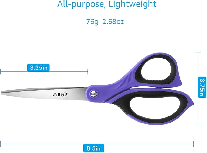 LIVINGO 3 Pack Sharp Scissors, 8.5 inch Comfort Grip Scissors All Purpose for Office, Stainless Steel Shears for Home Heavy Duty Cutting Fabric Sewing, Paper, School Crafting DIY