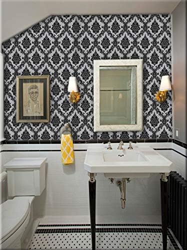 17.7" x 394" Black Peel and Stick Wallpaper Black Vintage Wall Paper